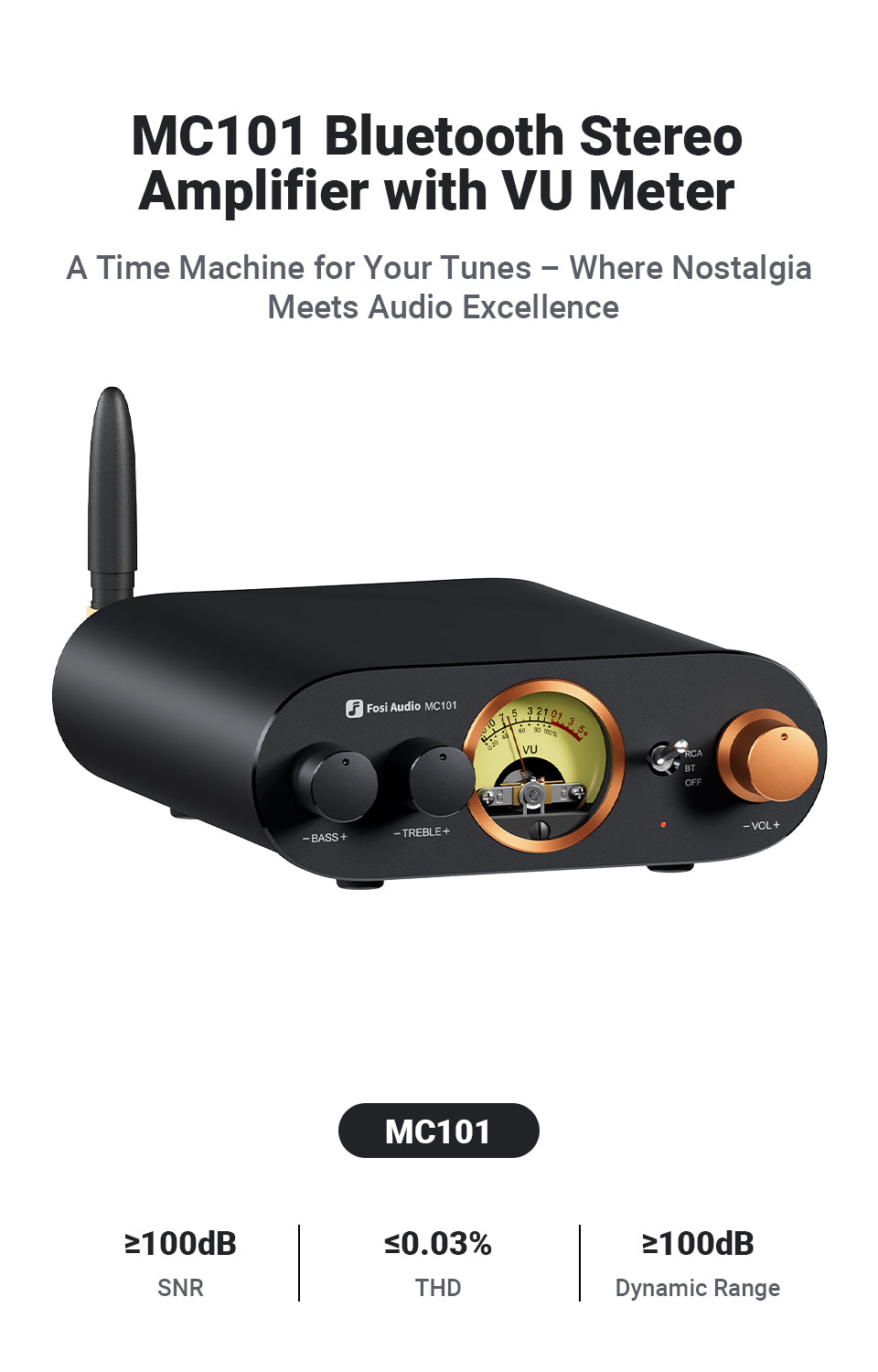 Fosi Audio MC101 Bluetooth 5.3 Hi-Fi amplifikatör, VU metre, 100 W